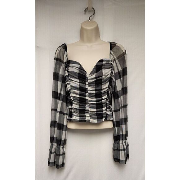 Lily & Star Bell Sleeves Square Neckline Plaid Black/White Blouse Size XL - Picture 2 of 6